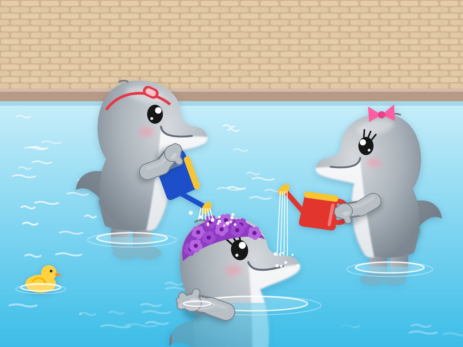 Zwei kleine Delphine gießen mit bunten Gießkannen Wasser über einen großen Delphin mit Blumen-Badekappe